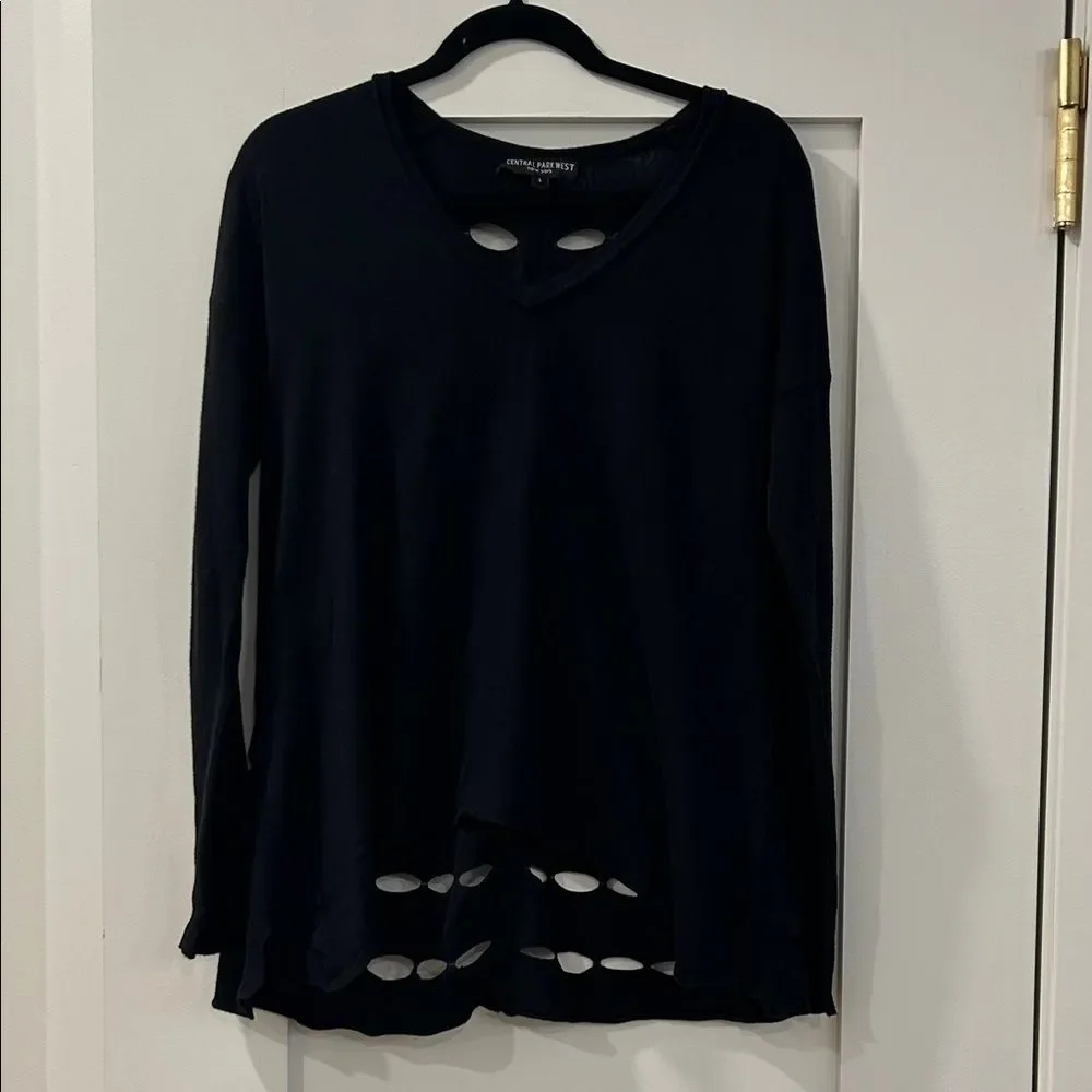 Central Park West Black Sweater with open pattern on back, size large